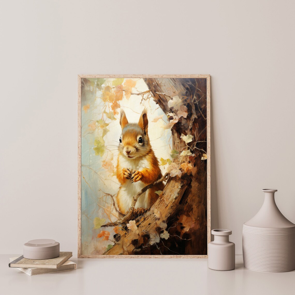 Red Squirrel Autumn Tree Branch Cute Wildlife Painting Rustic Woodland Print - Image 3