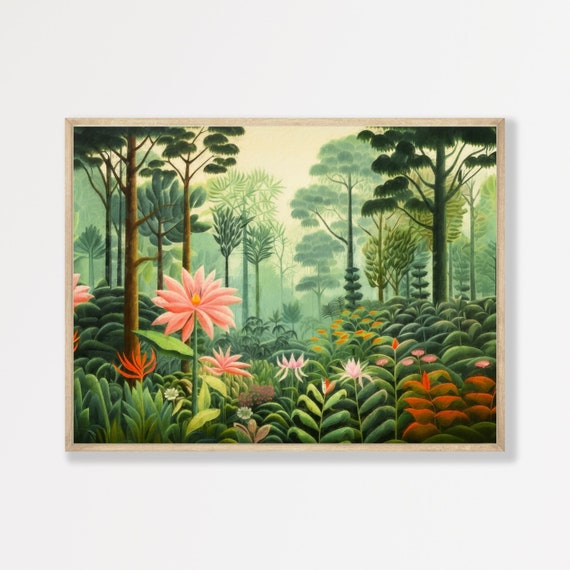 Green Jungle Retro Landscape Art Print, Bedroom Decor