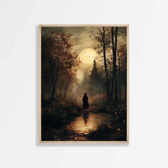 Moon and a Witch, Dark Academia Forest Art Print