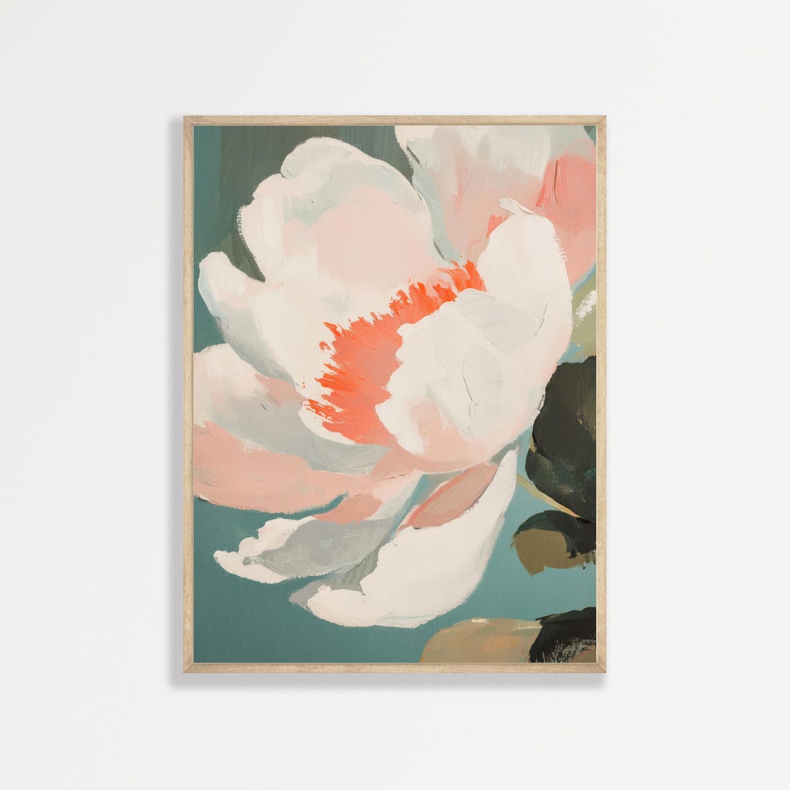White Peony Bloom Close Up Coral Teal Modern Floral Art Print