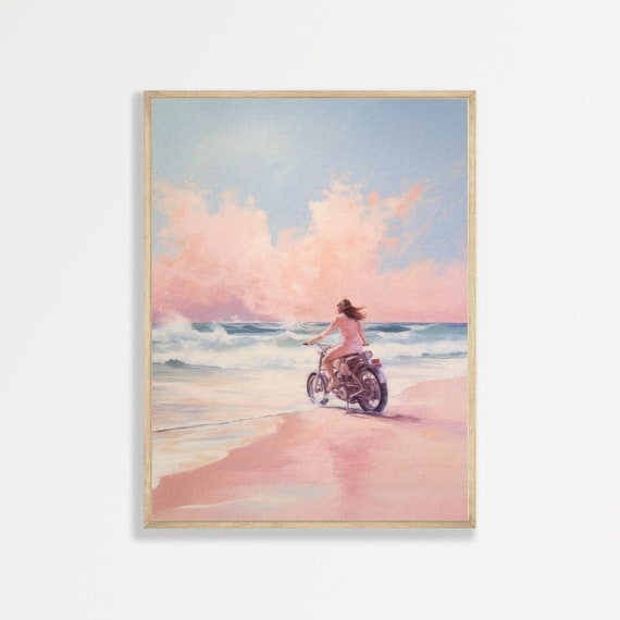 Girly Coastal Retro Beach Seascape, Art Print