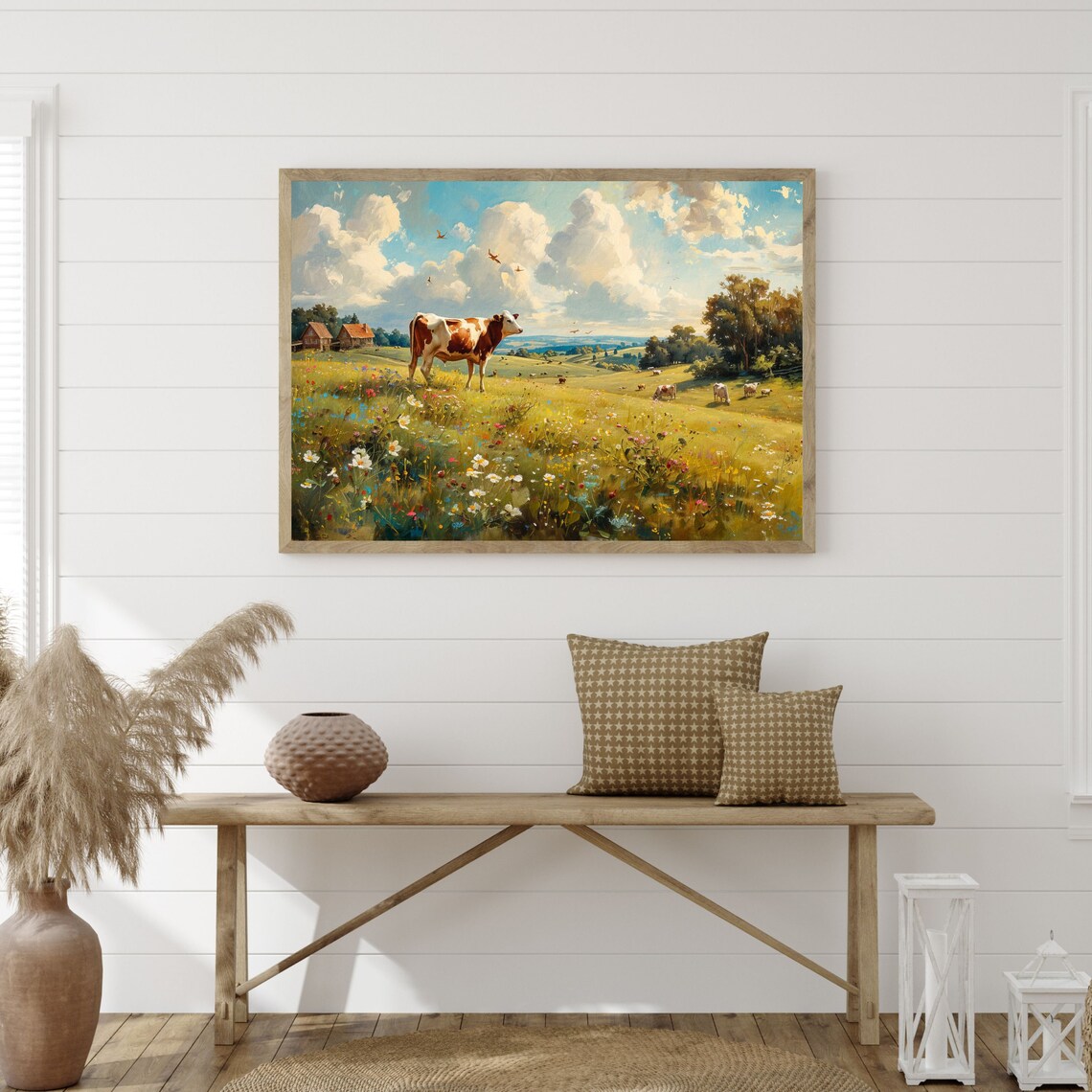 Country Cows Minimal Vintage Pasture Landscape Art Print - Image 3