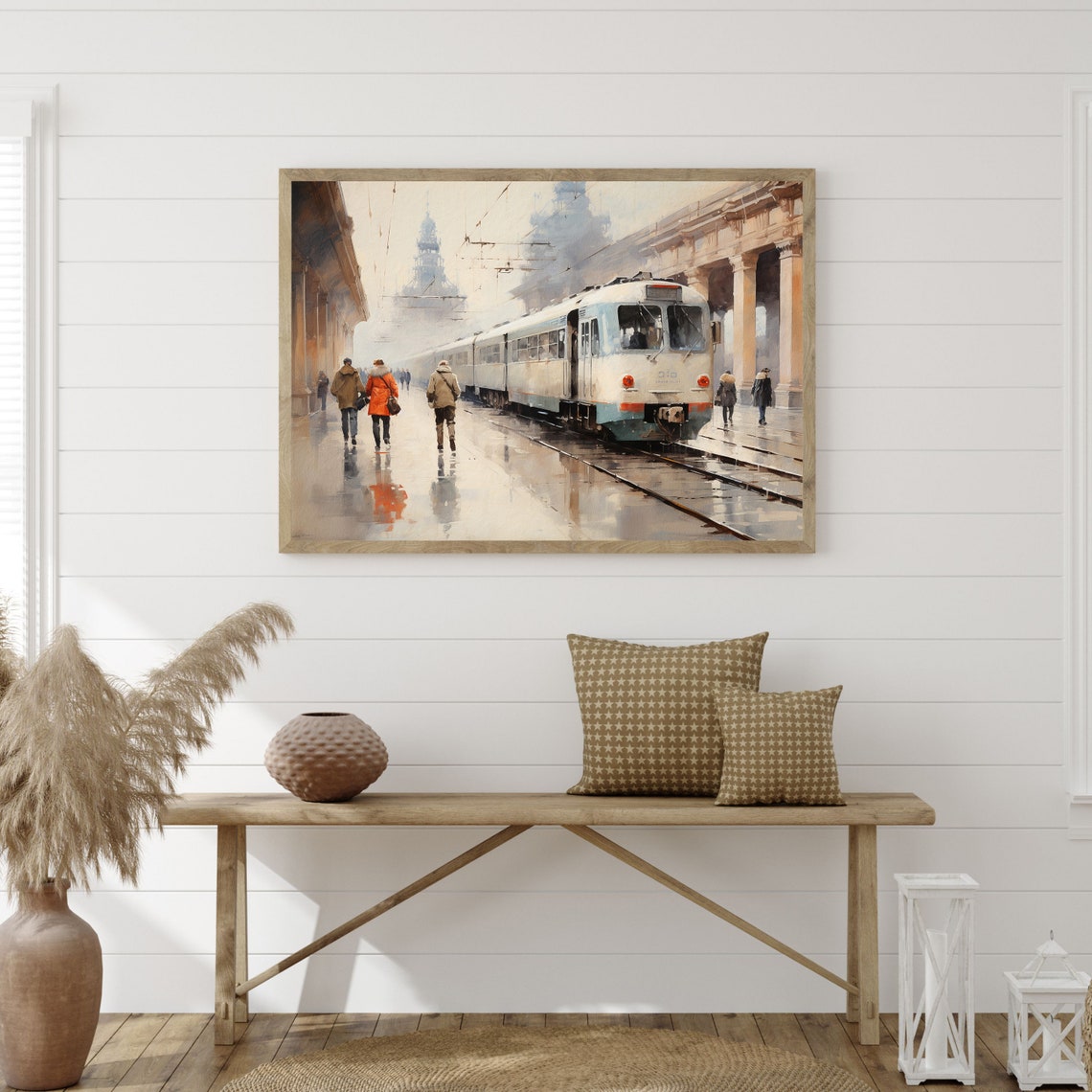 Vintage Train Station Print Neutral Antique Oil Painting Minimal Rustic Wall Art Living Room Decor P 755 - Image 3