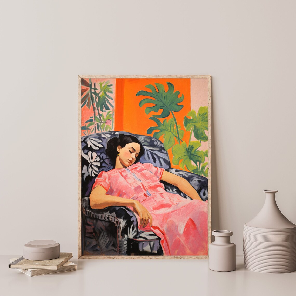 Woman Resting Floral Armchair Pink Dress Monstera Bold Interior Wall Art Print - Image 3