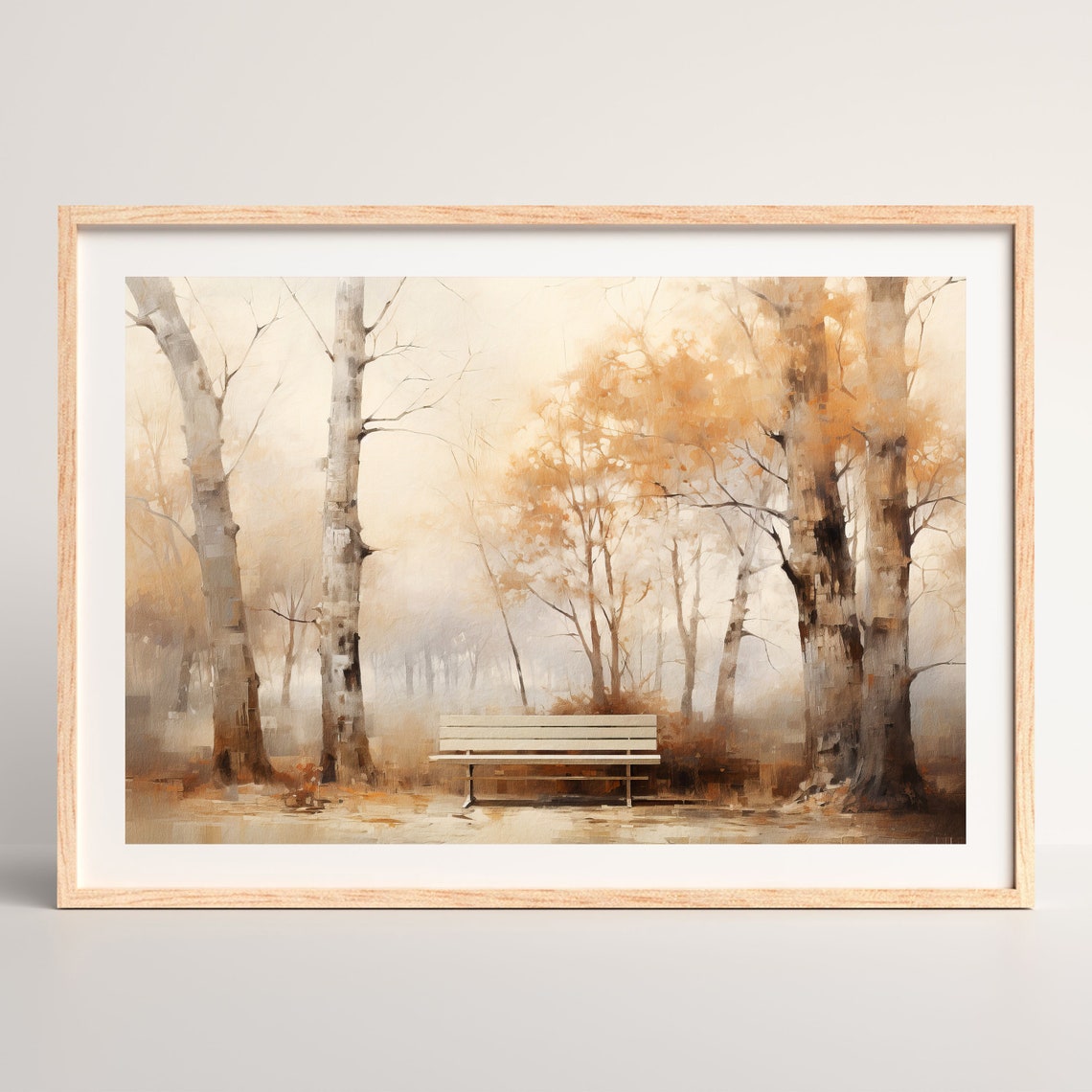 Autumn Birch Forest with White Bench in Golden Mist Wall Art Print - Image 2