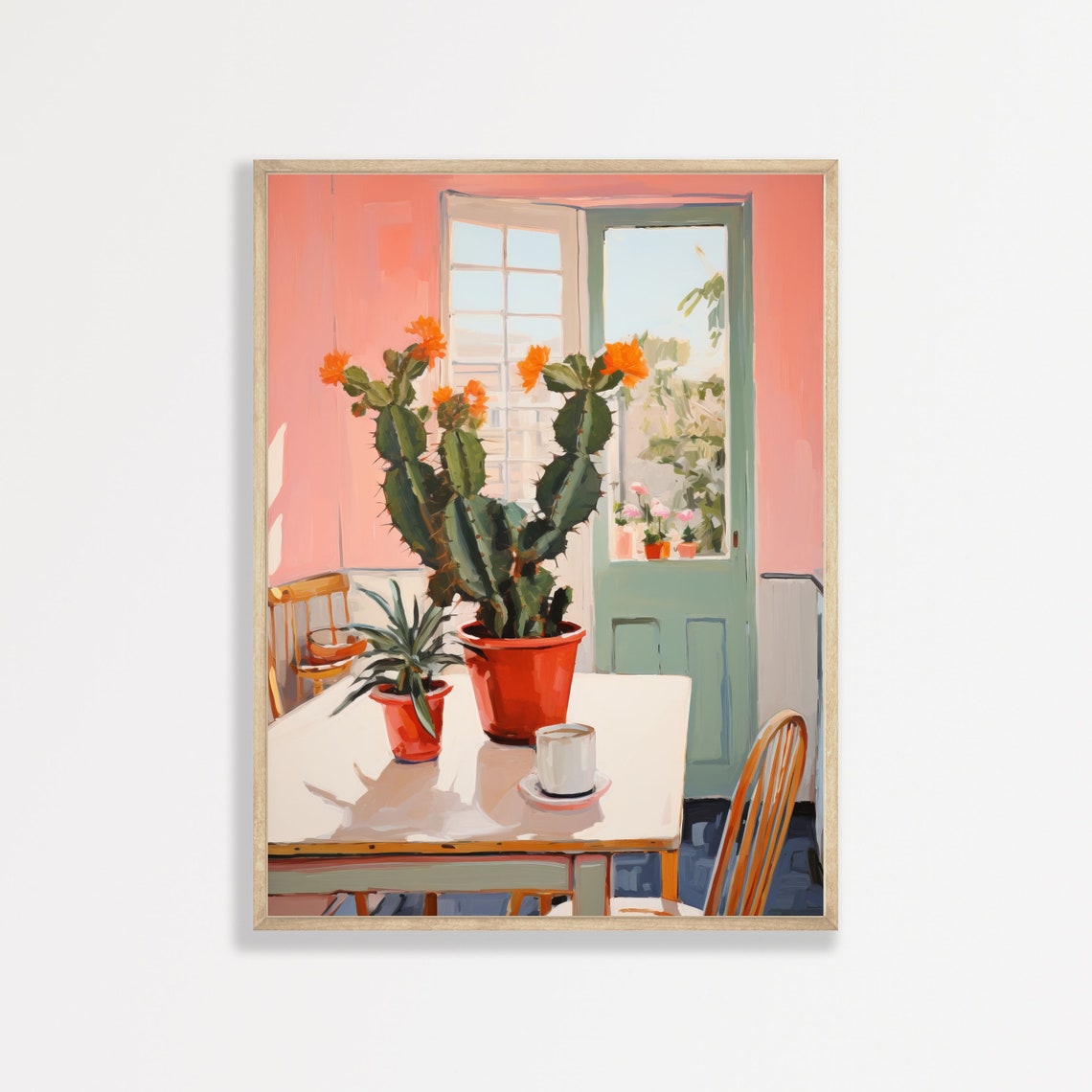 Orange Bloom Cactus Sunlit Pink Interior Still Life Wall Art Poster