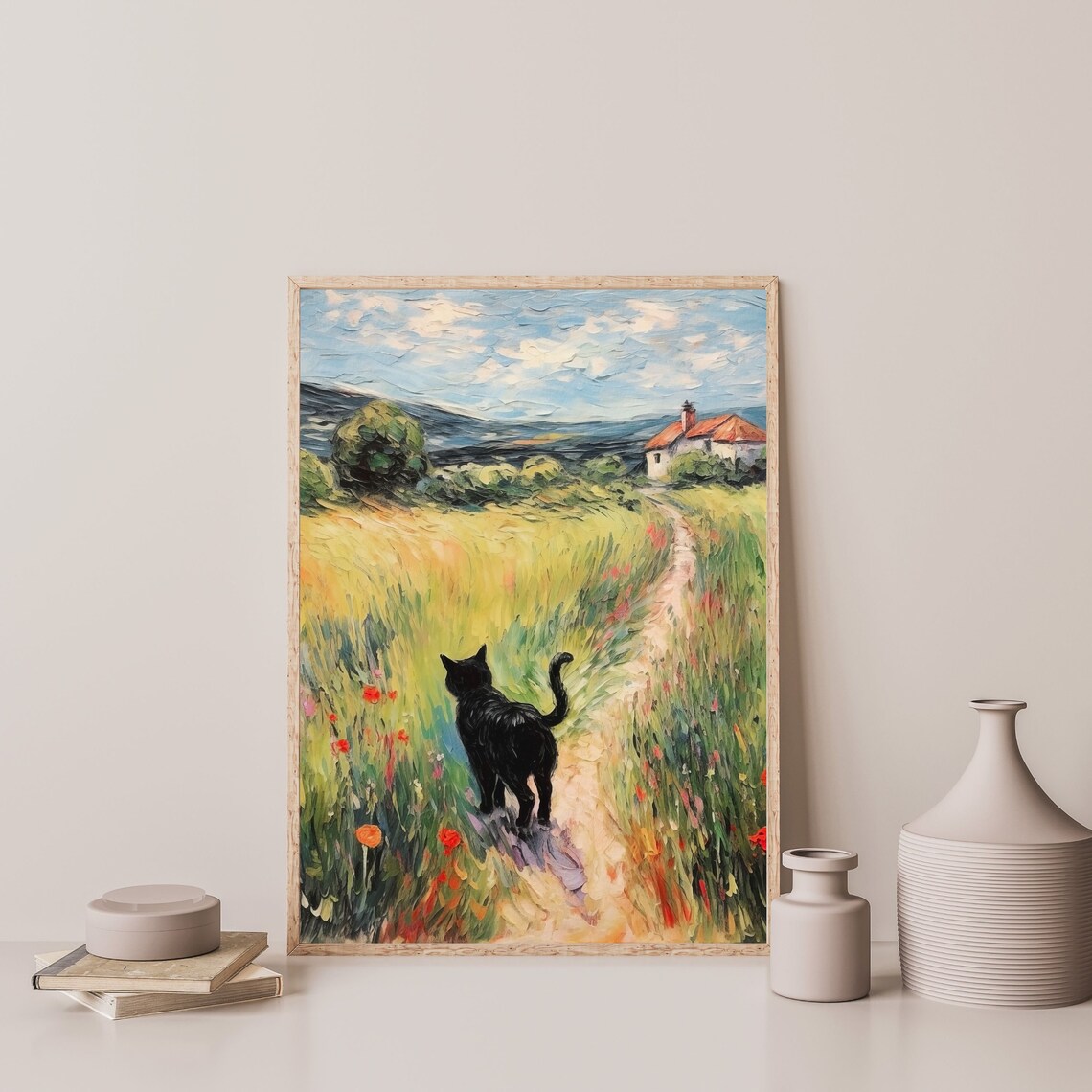 Monet-Inspired Black Cat Retro Landscape Art Print - Image 3