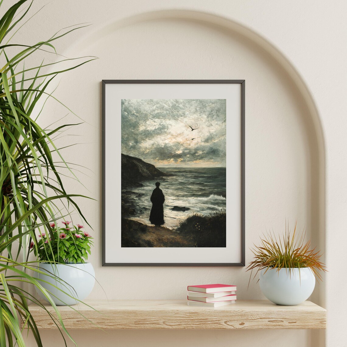 Moody Coastal Cloaked Figure Stormy Sea Antique Gothic Ocean Poster - Image 2