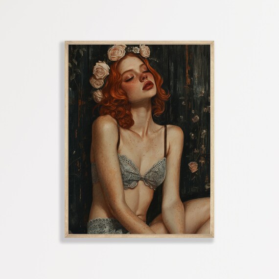 Red Hair Woman Roses Lace Dark Moody Portrait Painting Poster