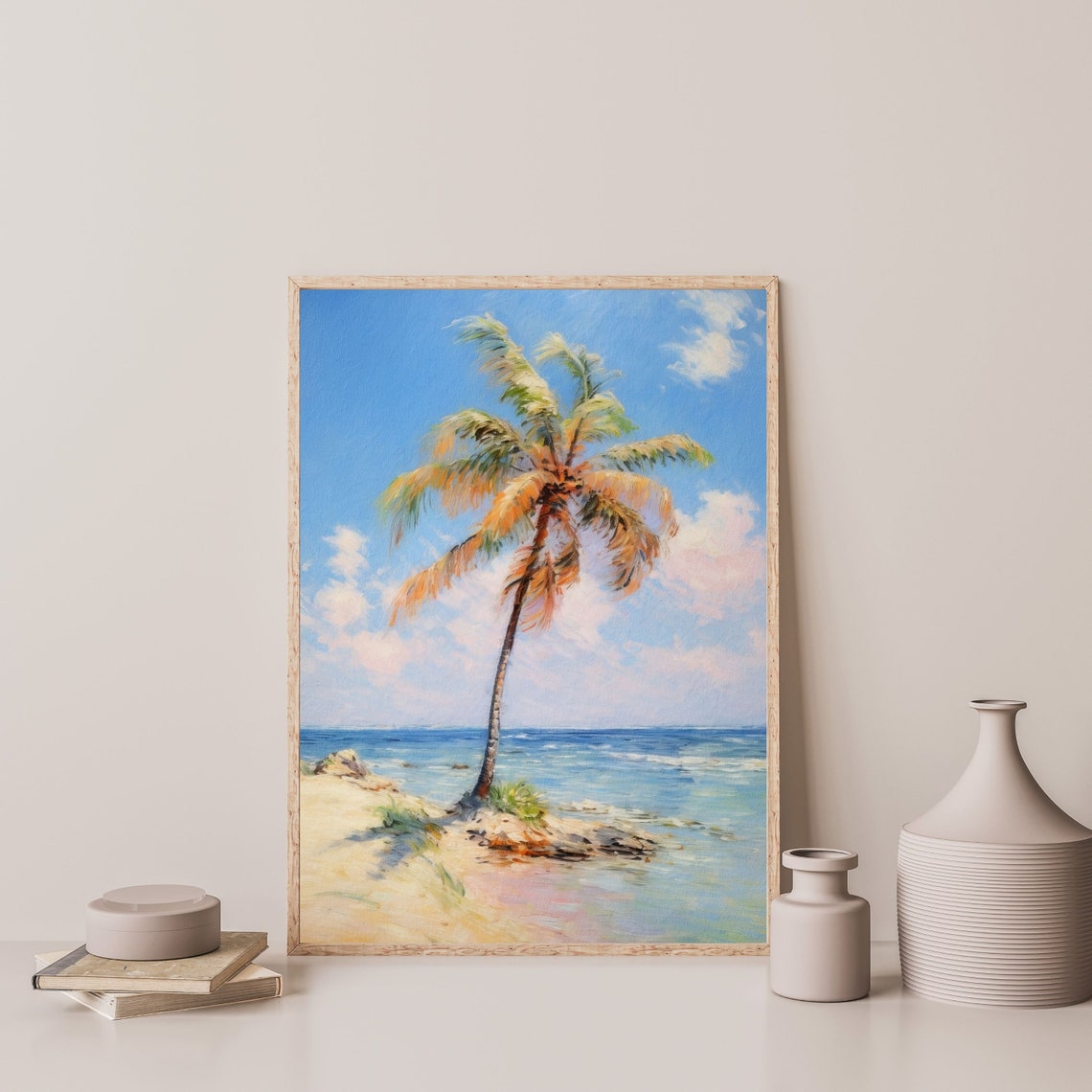 Lone Palm Tree Sunny Beach Turquoise Sea Vintage Coastal Poster - Image 3
