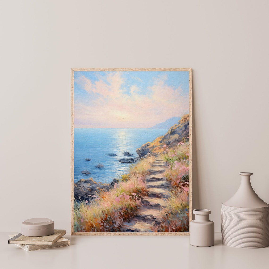 Coastal Staircase Pink Sunrise Grassy Cliffs Calm Sea Painting Poster - Image 3