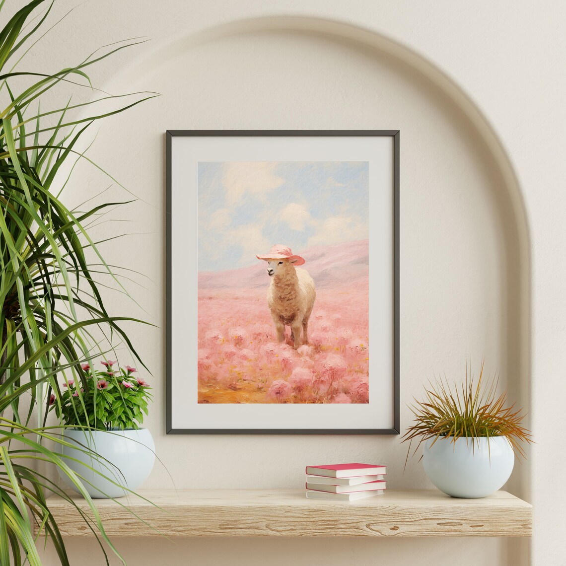Sheep Pink Cowboy Hat Pink Flower Field Whimsical Farm Animal Poster - Image 2