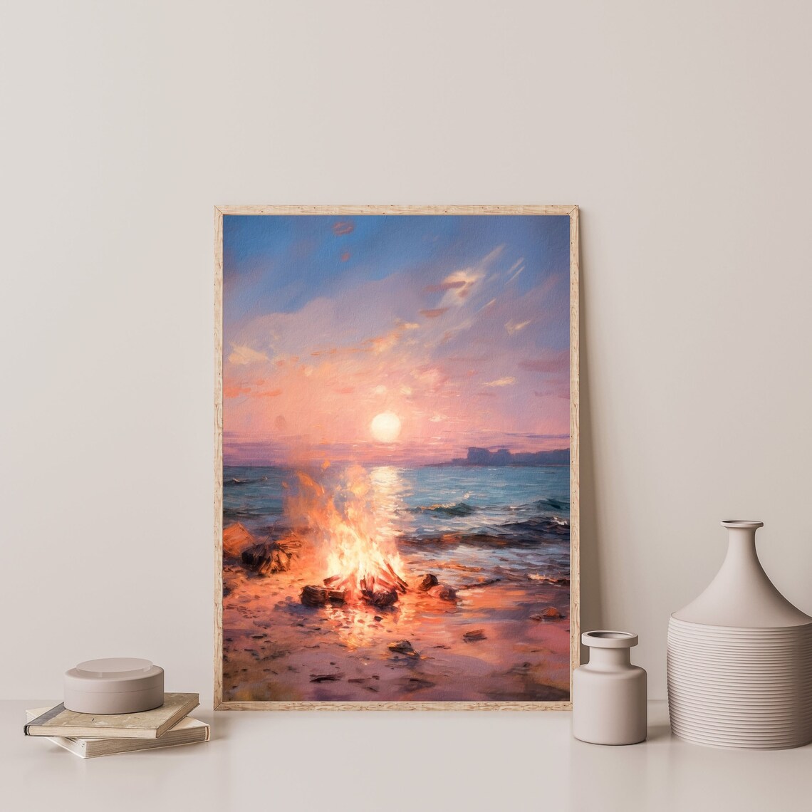 Beach Bonfire, Retro Coastal Landscape Art Print - Image 3