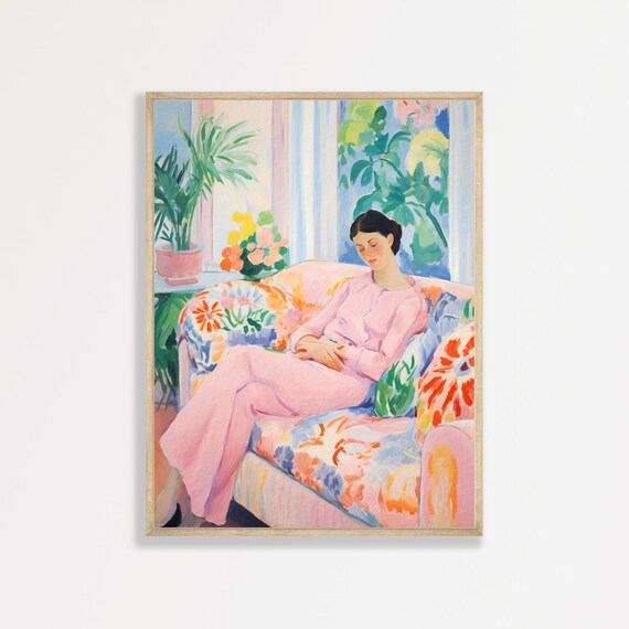 Sleeping Woman Floral Chaise Pink Pajamas Dreamy Vintage Interior Wall Art Print