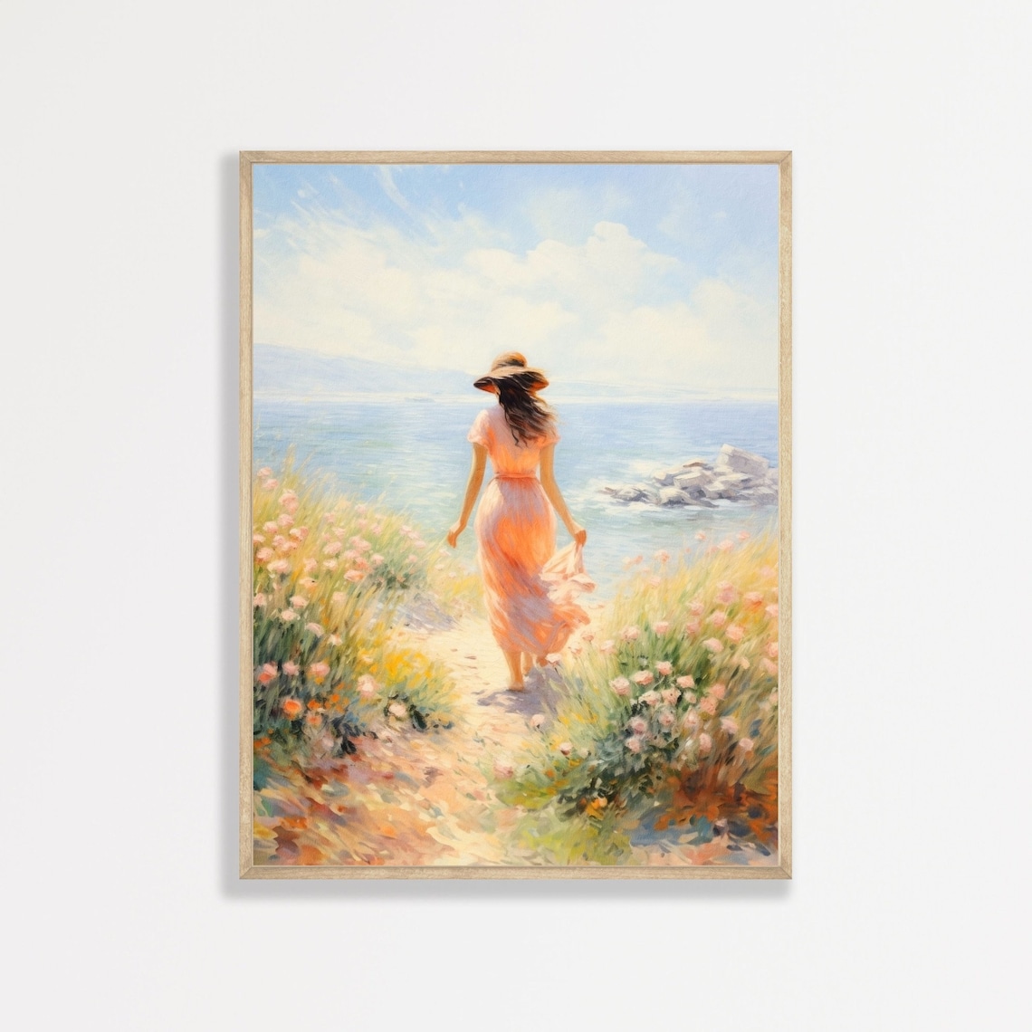 Retro Woman By The Sea Art Print, Coastal Decor