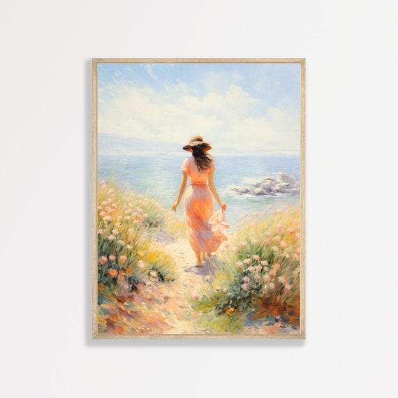 Retro Woman By The Sea Art Print, Coastal Decor