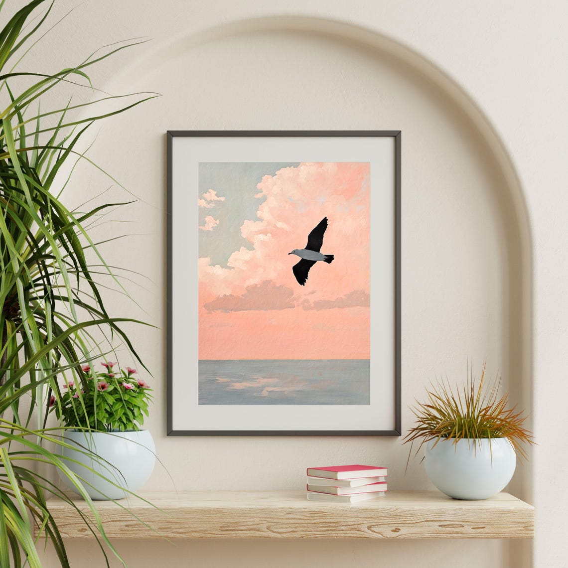 Flying Seagull Pastel Pink Sunset Clouds Calm Ocean Bird Art Poster - Image 2
