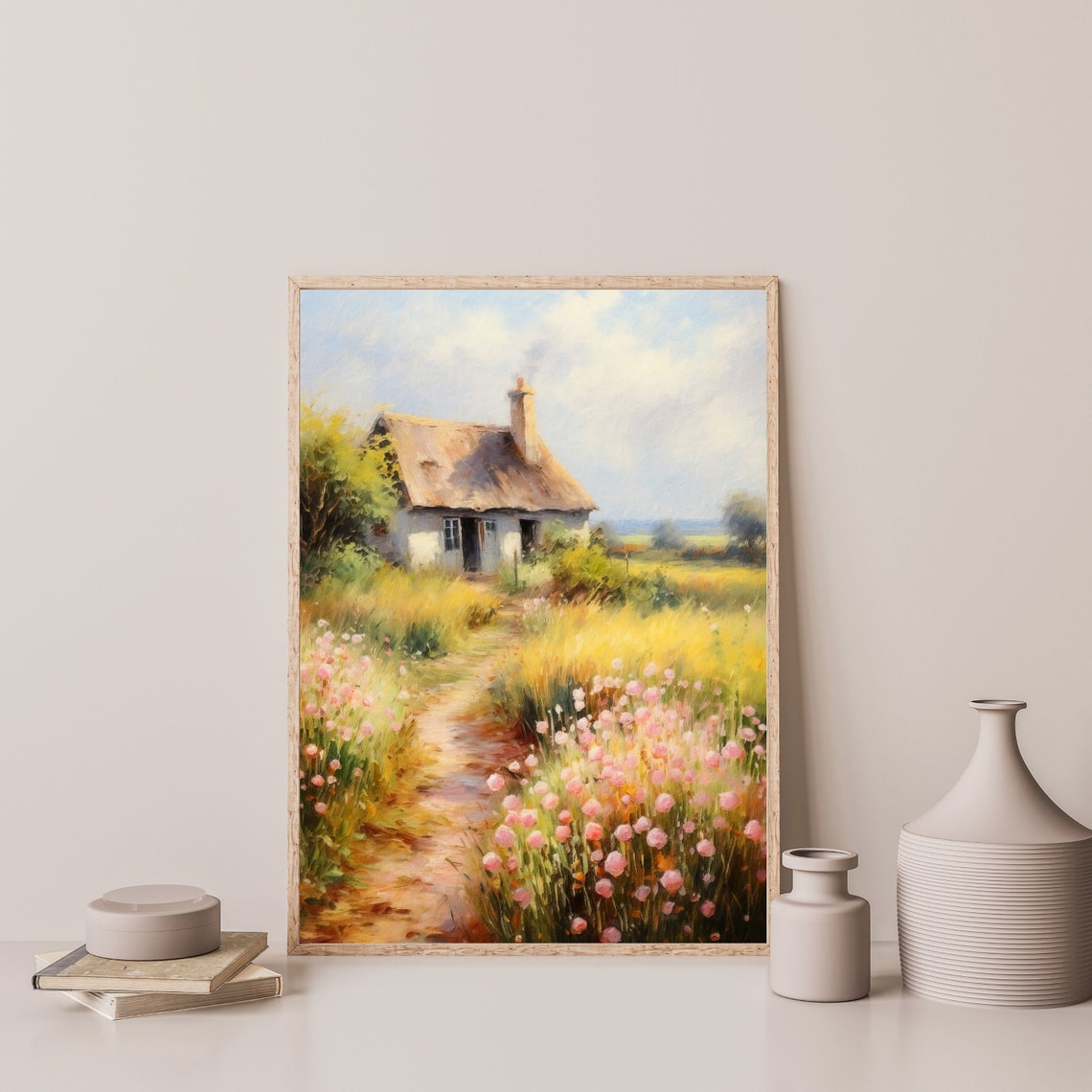 Thatched Cottage Flower Path Summer Countryside Oil Painting Poster - Image 3