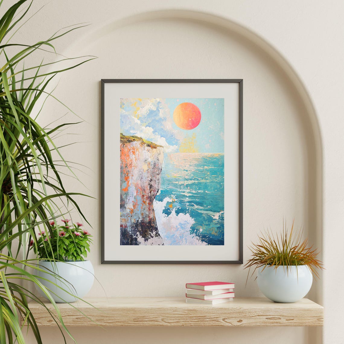 Ocean Cliff Sunset Giant Sun Crashing Waves Abstract Coastal Poster - Image 2