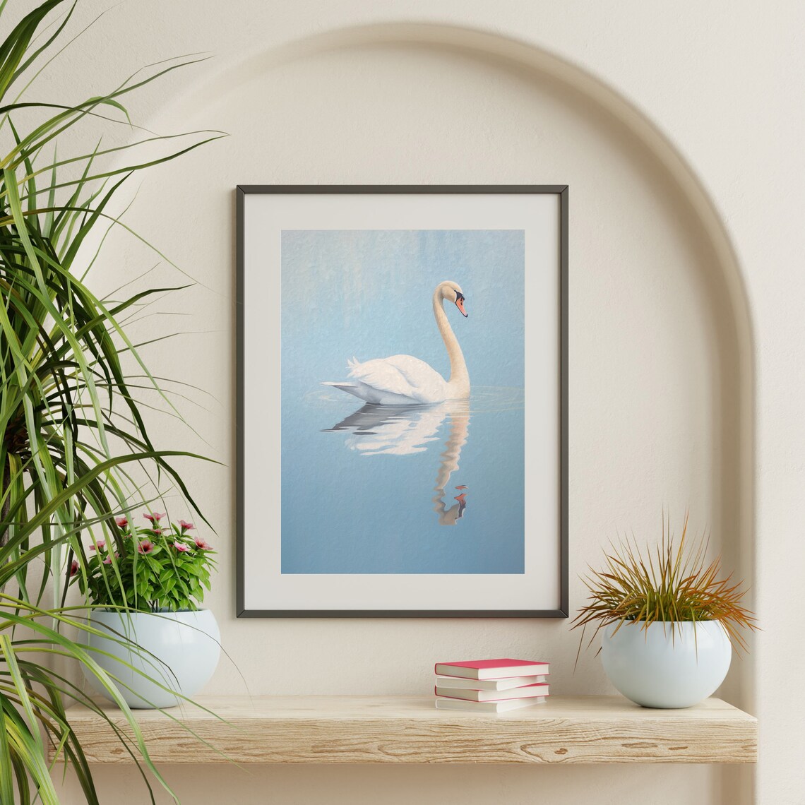 White Swan on Calm Pale Blue Water Minimalist Wildlife Wall Art - Image 2
