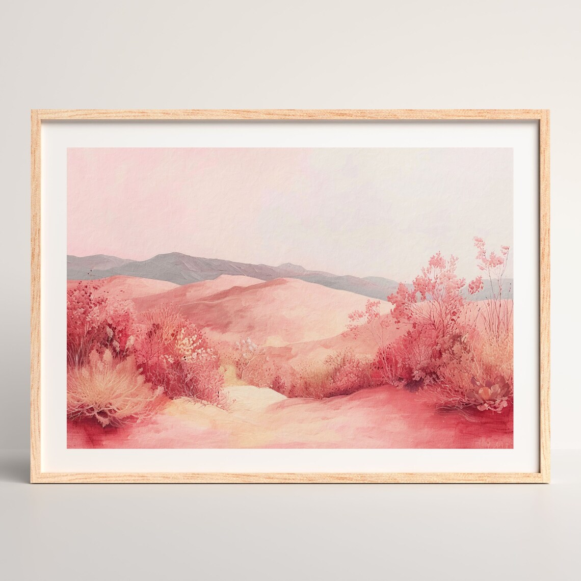 Blush Pink Mountain Desert Red Bushes Soft Pastel Landscape Poster - Image 2