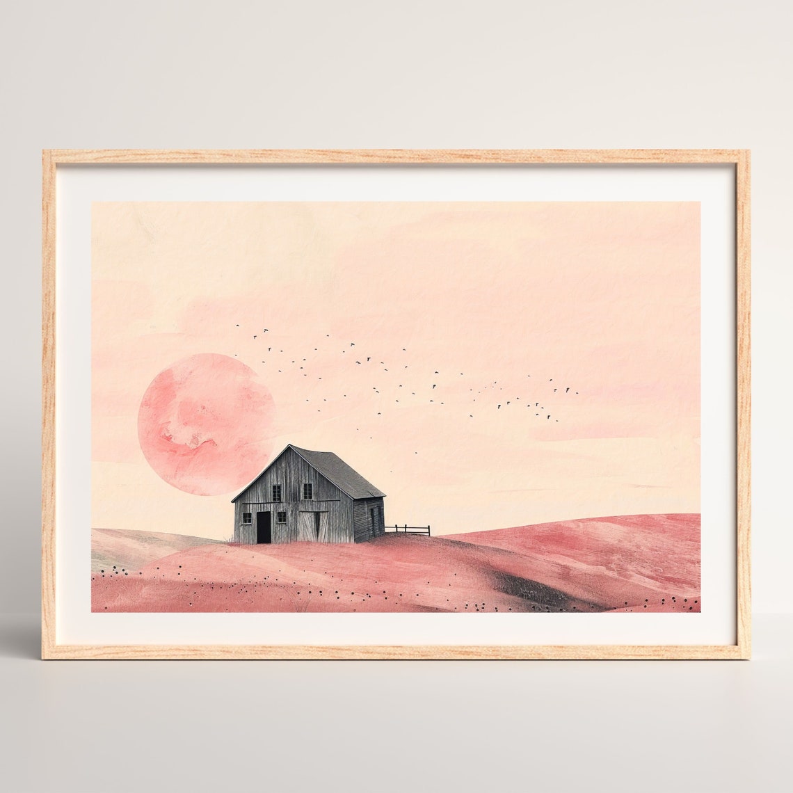 Pink Minimalist Barn at Sunset Pastel Farmhouse Countryside Art Poster - Image 2