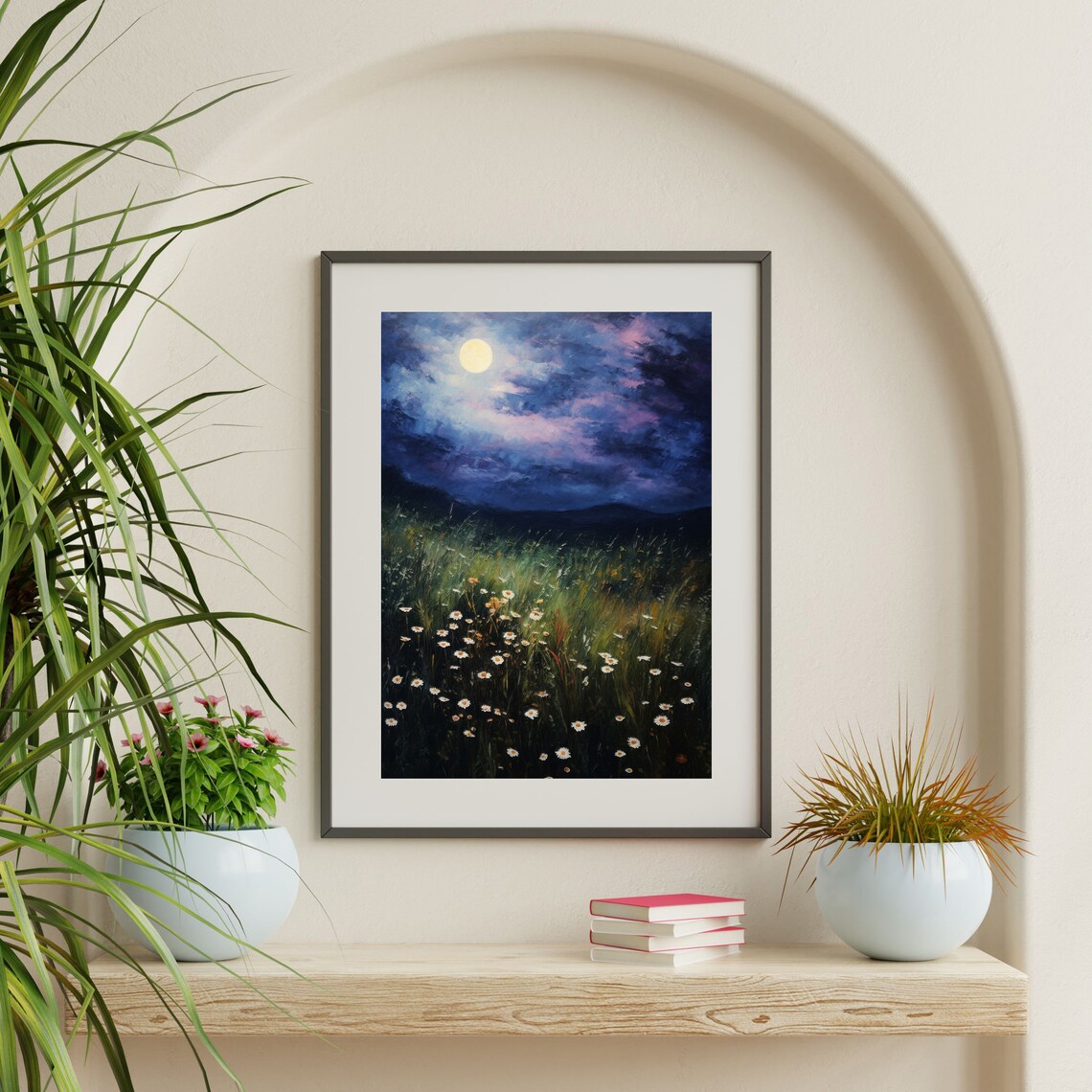 Moonlit Wildflowers Vintage Night Landscape Art Print - Image 2