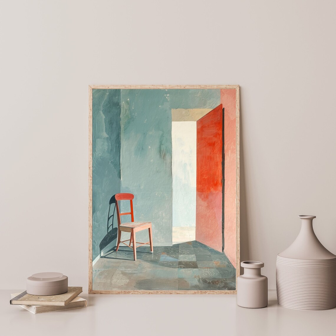 Minimal Red Chair Teal Room Open Doorway Contemporary Art Poster - Image 3
