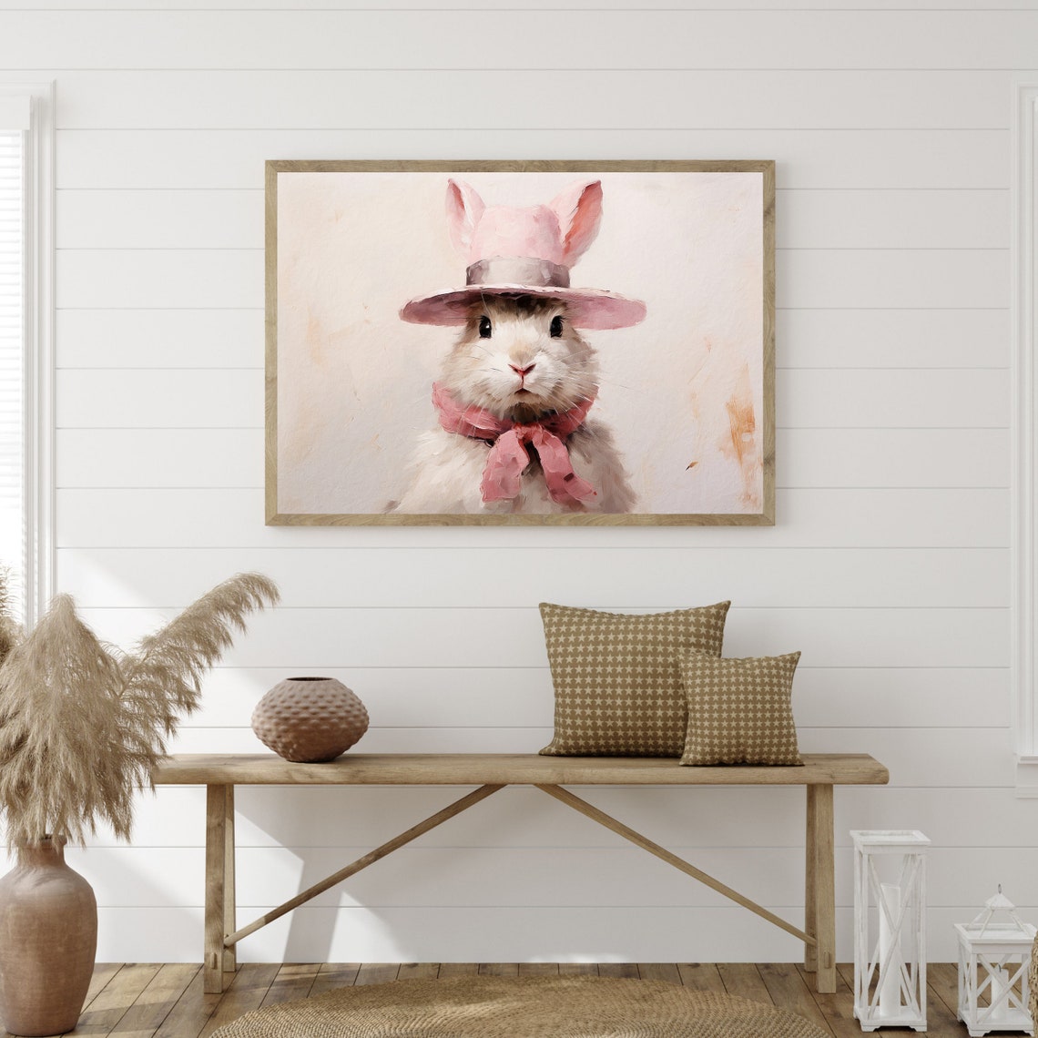 Whimsical Bunny Wearing a Pink Hat and Scarf Portrait Wall Art Print - Image 3