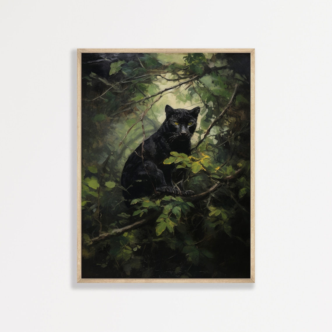 Black Panther in Jungle Foliage with Golden Eyes Moody Wall Art