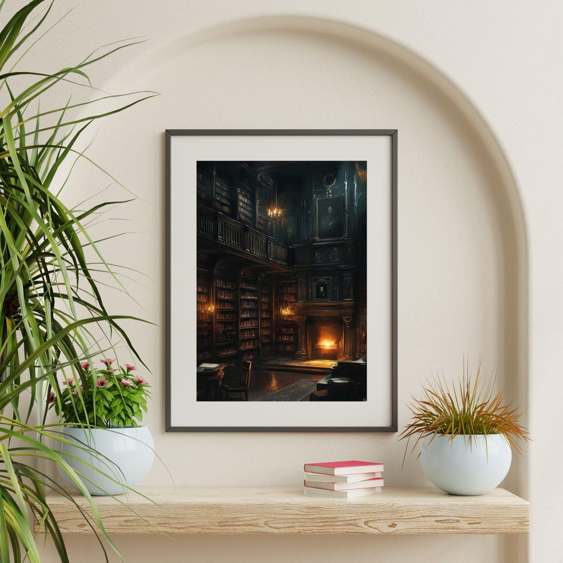 Dark Academia Grand Library Fireplace Candlelit Moody Interior Poster - Image 2