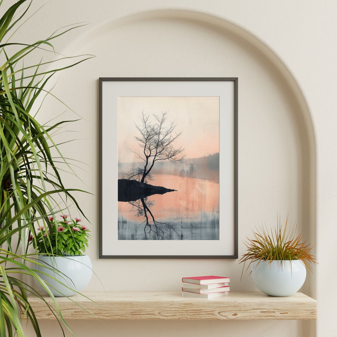 Lone Tree Still Water Blush Sunset Minimal Japanese Art Poster - Image 2