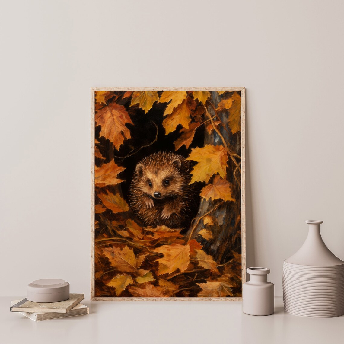 Cute Hedgehog Among Autumn Leaves Vintage Fall Nature Painting Poster - Image 3