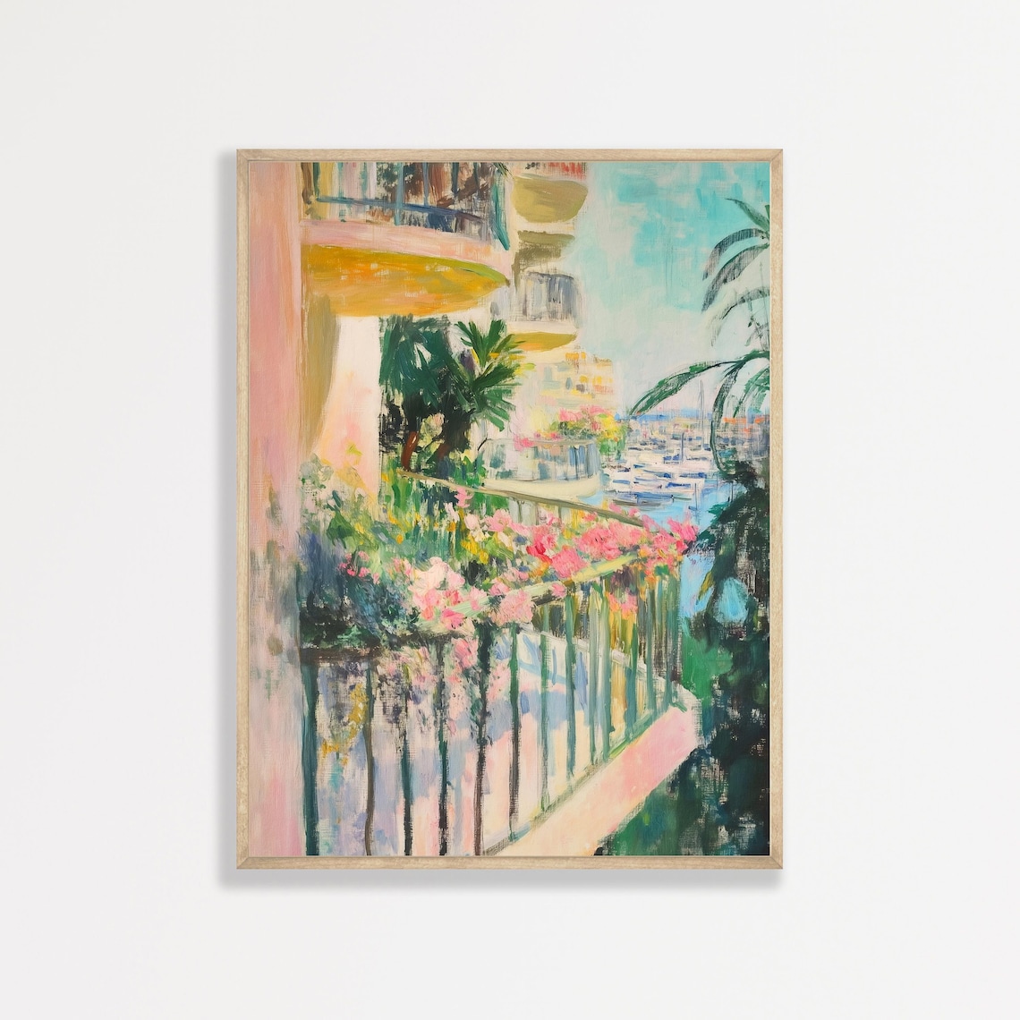 Coastal Hotel Balcony Flowers Marina Palms Mediterranean Travel Poster