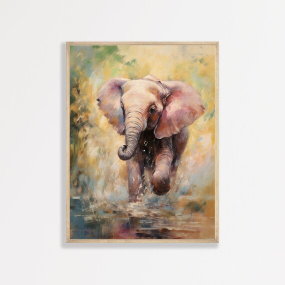 Baby Elephant Playing In Water Colorful Wildlife Nursery Art Print