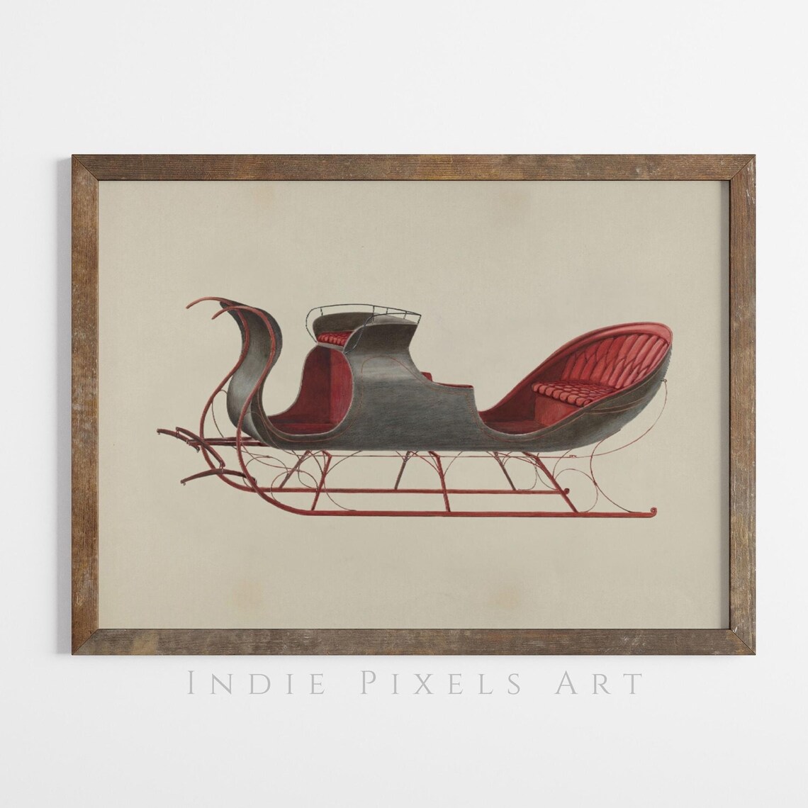 Red Velvet Antique Horse Drawn Sleigh Illustration Christmas Art Print