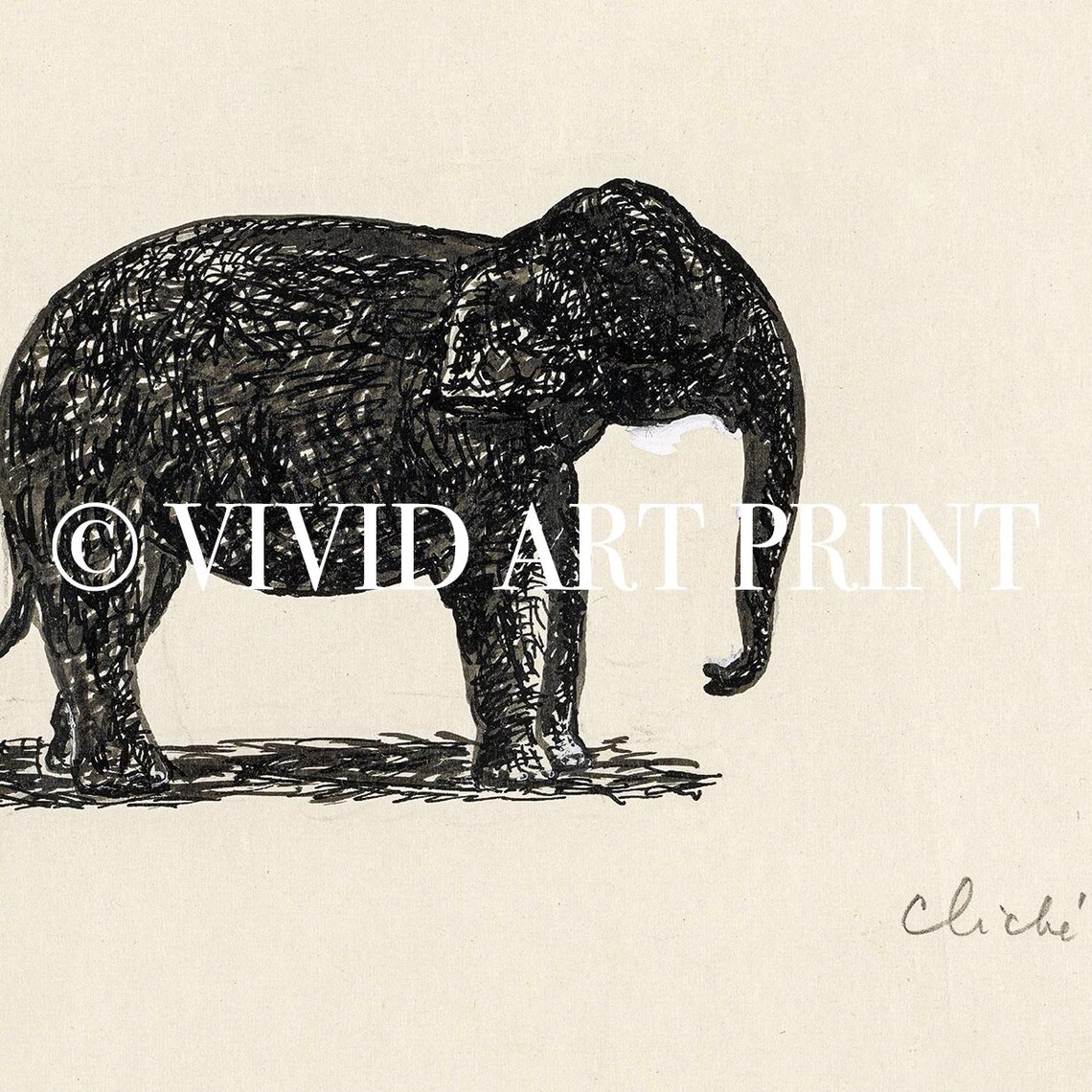 Standing Elephant Minimalist Black Ink Sketch Vintage Poster - Image 4
