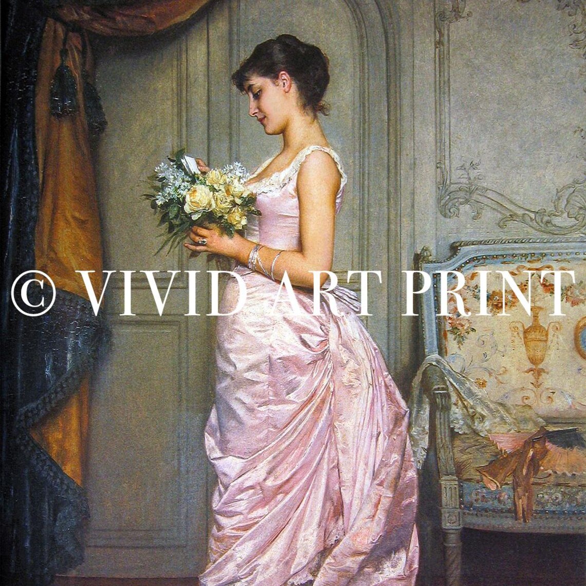 Lady in Pink Gown Holding a Bouquet Romantic Portrait Poster - Image 4