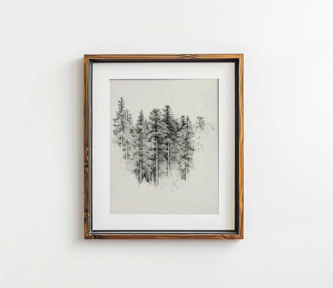 Pine Tree Forest Pencil Drawing Art Vintage Nature Home Decor Vivid Art Print Pf 307 - Image 2