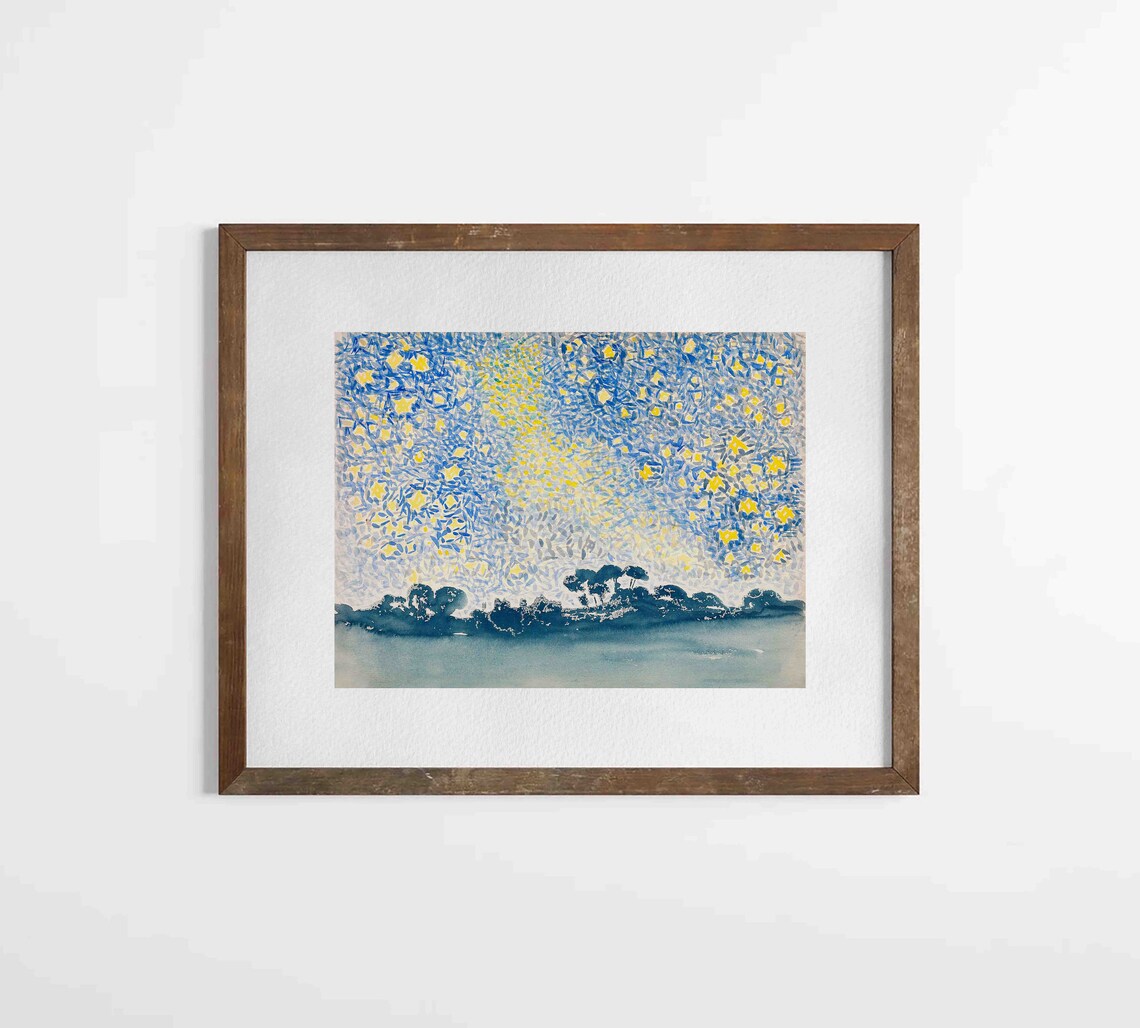 Starry Night Sky Pointillist Landscape Blue Yellow Art Poster - Image 2