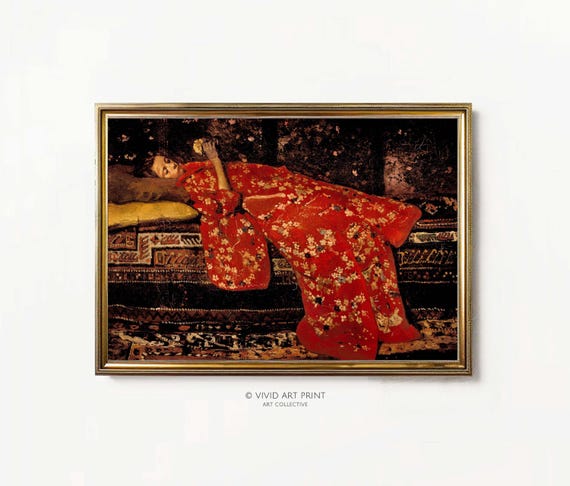 Vintage Art Girl In Red Kimono Antique Moody Home Decor Vivid Art Print Gb 442