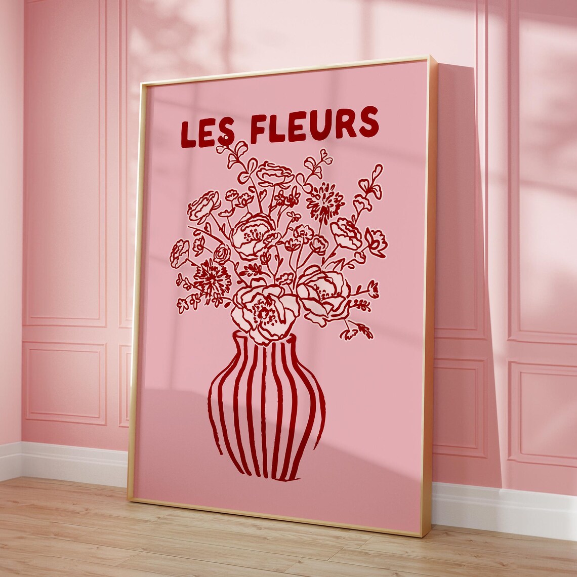 Les Fleurs Pink Red Floral Bouquet French Botanical Vase Art Poster