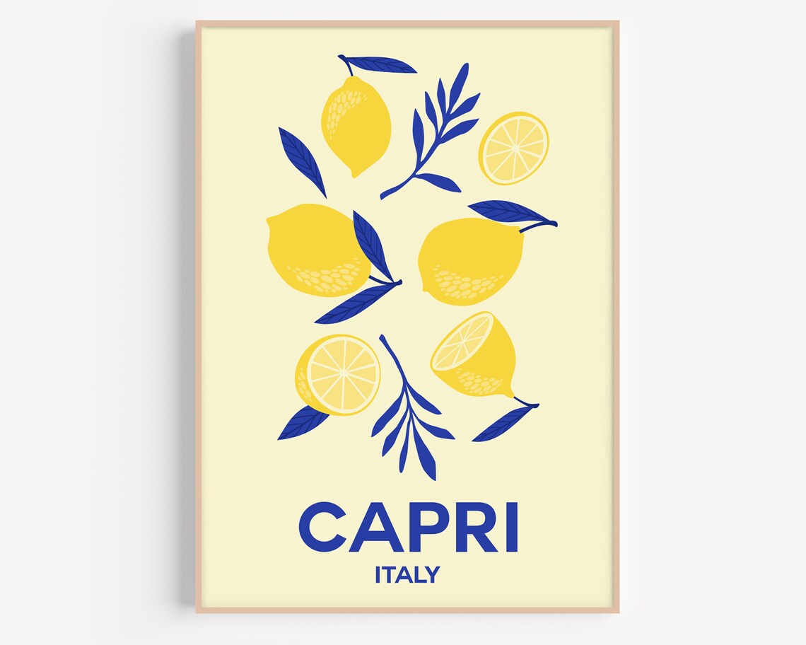 Capri Italy Lemon Citrus Fruit Illustration Yellow Blue Poster