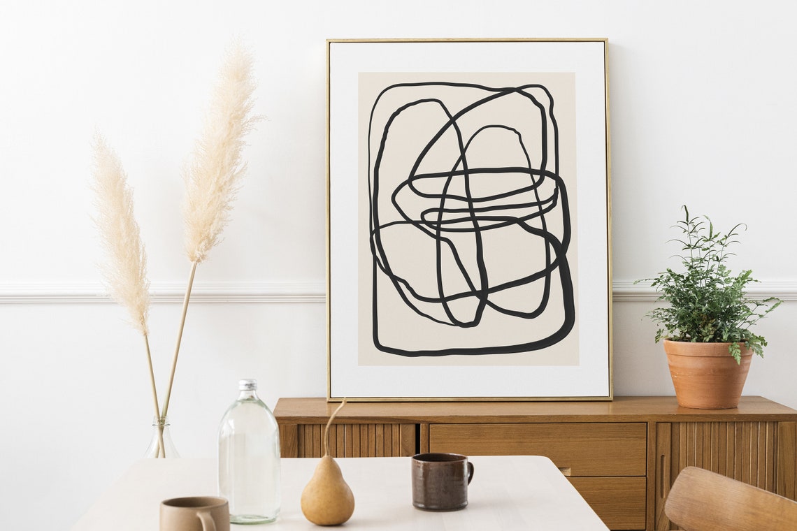 Black Continuous Line Squiggle Minimalist Beige Abstract Poster - Image 3