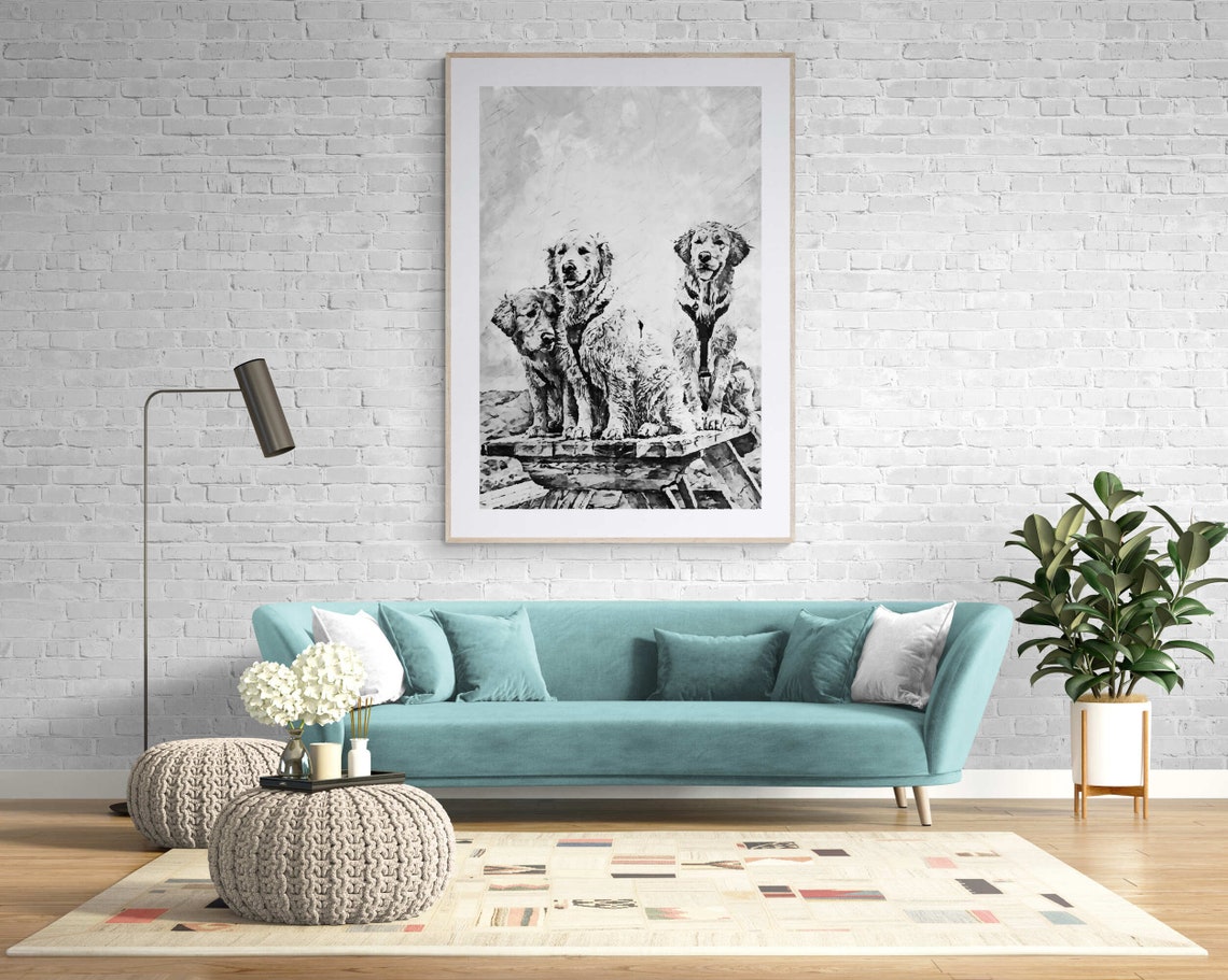 Three Cute Golden Retrievers Black White Sketch Dog Art Poster - Image 8