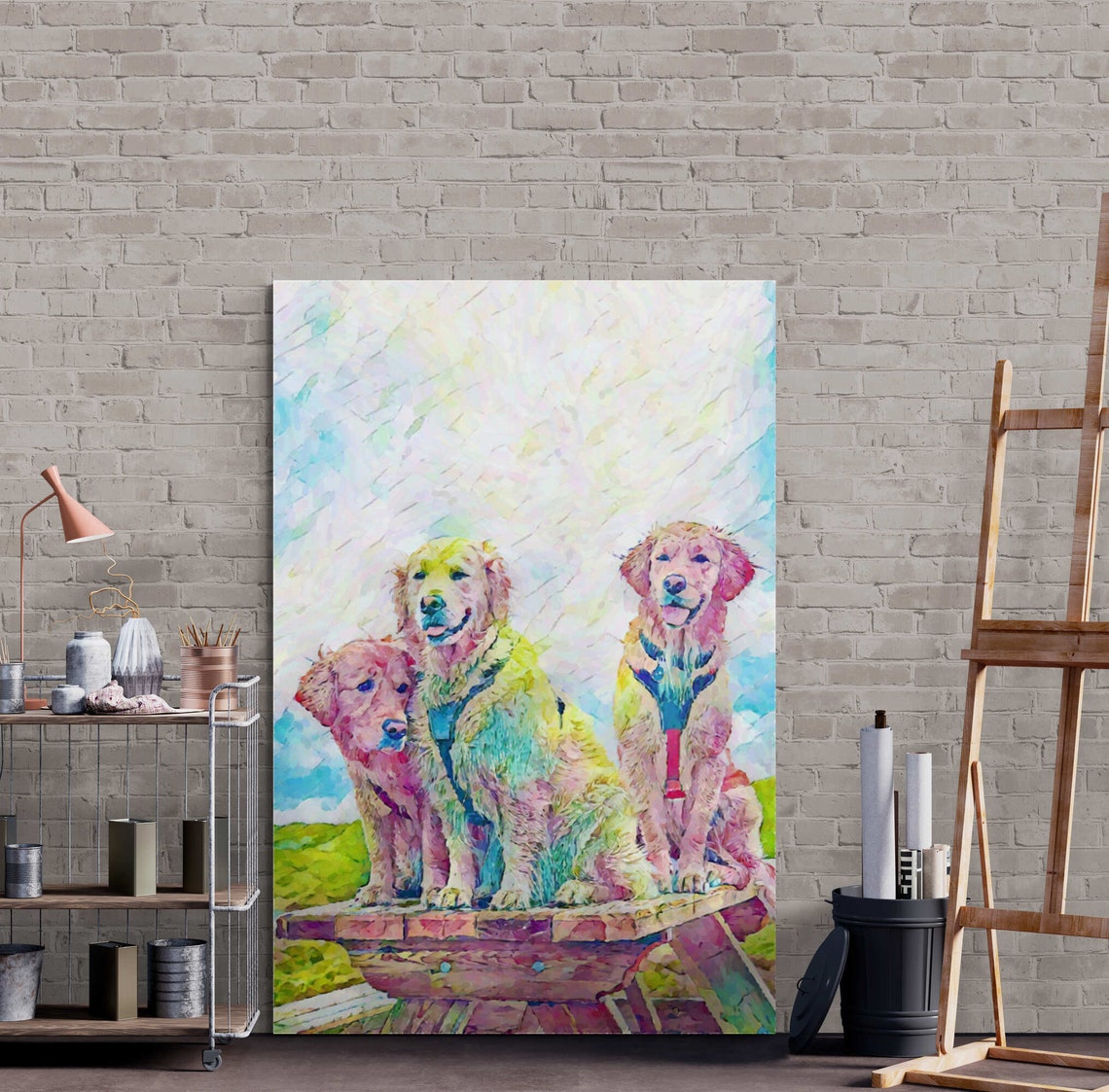 Three Golden Retrievers on a Picnic Table Watercolor Dog Print - Image 7