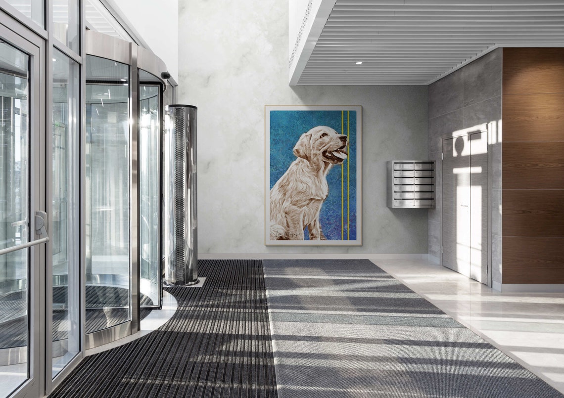 Smiling Golden Retriever Puppy on a Teal Background Portrait Print - Image 2