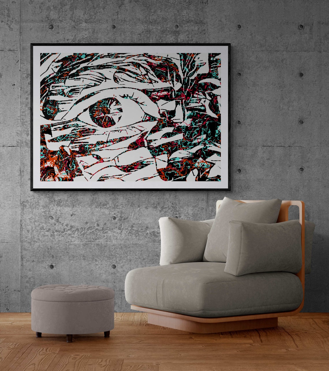 Close Up Eye in Black White with Teal Red Marble Accents Poster - Image 3