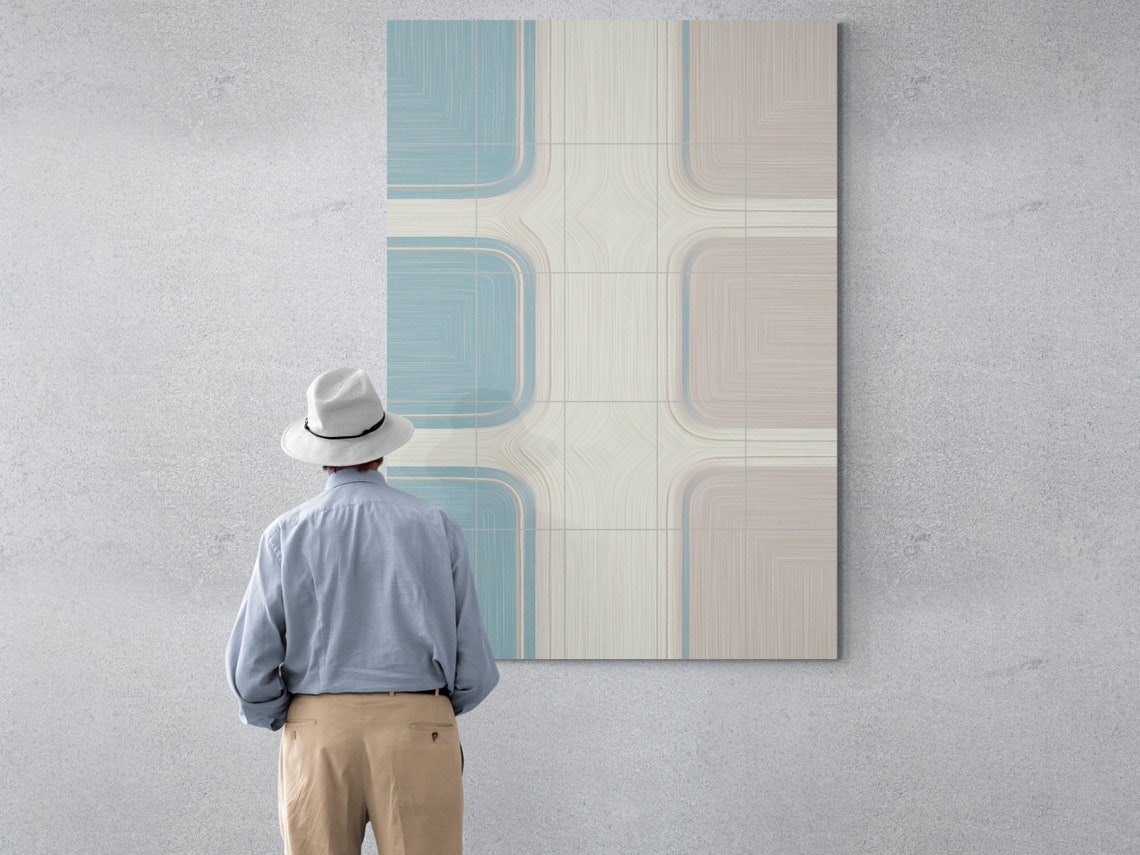 Blue and Beige Geometric Rounded Square Mid Century Art Print - Image 3