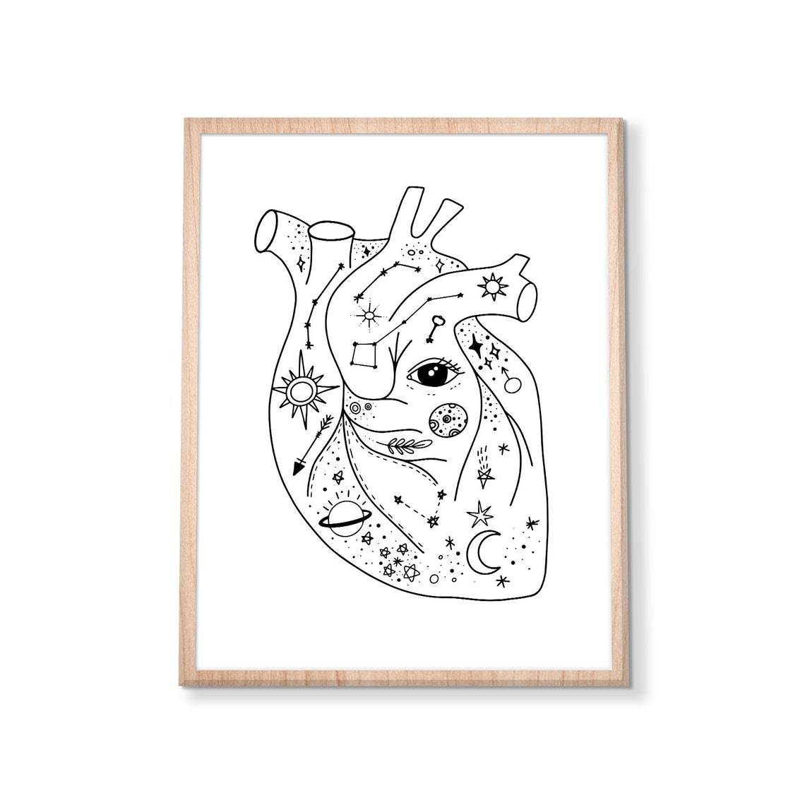 Celestial Anatomical Heart Black Line Art Moon Stars Mystic Poster - Image 3